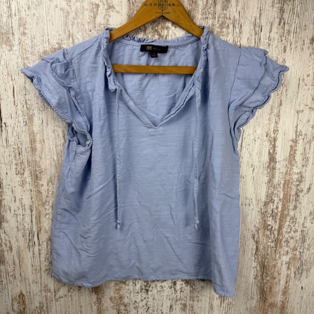 Frye Womens Blue Ruffle Neck Cap Sleeve Blouse Rayon Cotton Slub Top Medium